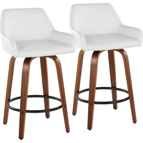 Daniella 26" Swivel Counter Stool in Walnut Wood & White Leatherette with Black Footrest (Set of 2)